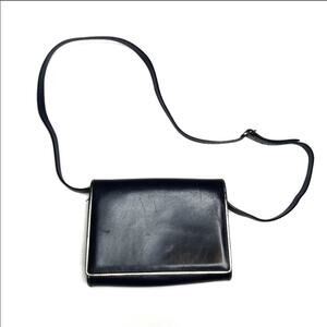 VINTAGE SALVATORE FERRAGAMO Dark Navy Blue Leather Silver Crossbody Purse Bag